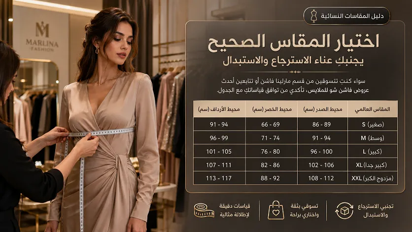 دليل المقاسات لملابس النساء والفساتين لمتجر فاشون sa