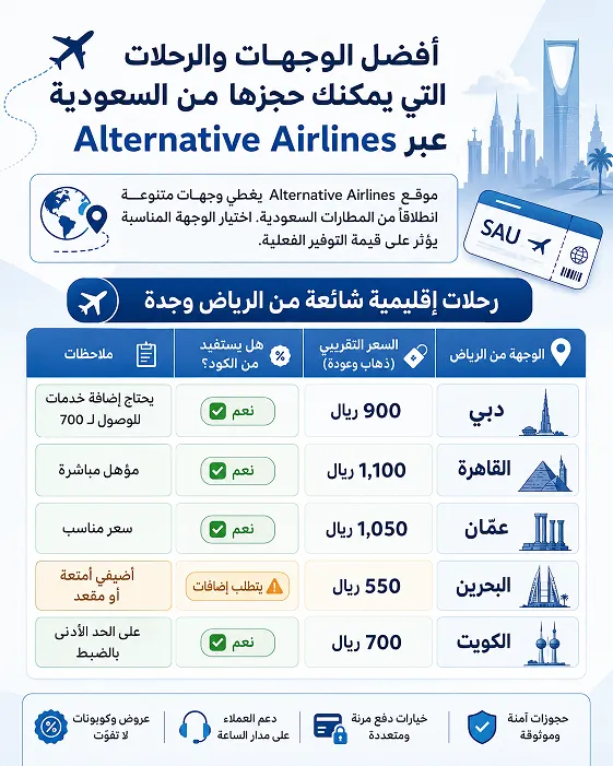 أفضل الوجهات والرحلات التي يمكنك حجزها من السعودية عبر Alternative Airlines